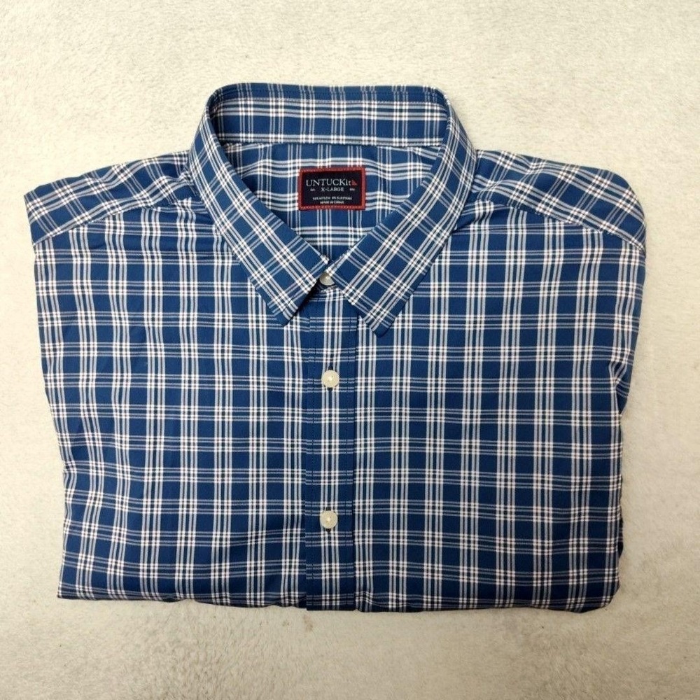 UNTUCKit Shirt Mens XL Blue Plaid Button-Up Nylon Stretch Long Sleeve Tritten